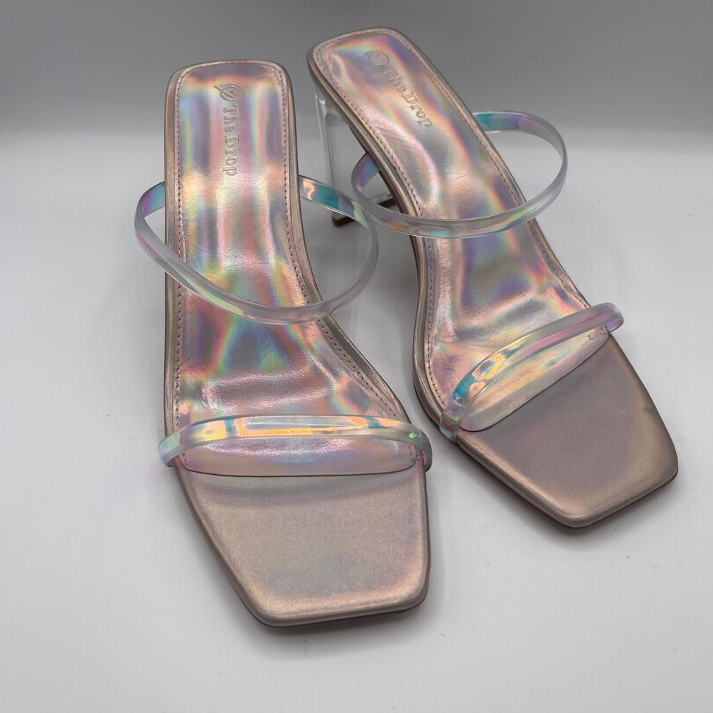 The Drop Avery Square Toe 2 Strap Lucite Heel Iridescent Sandal Party Shoes Sz 7